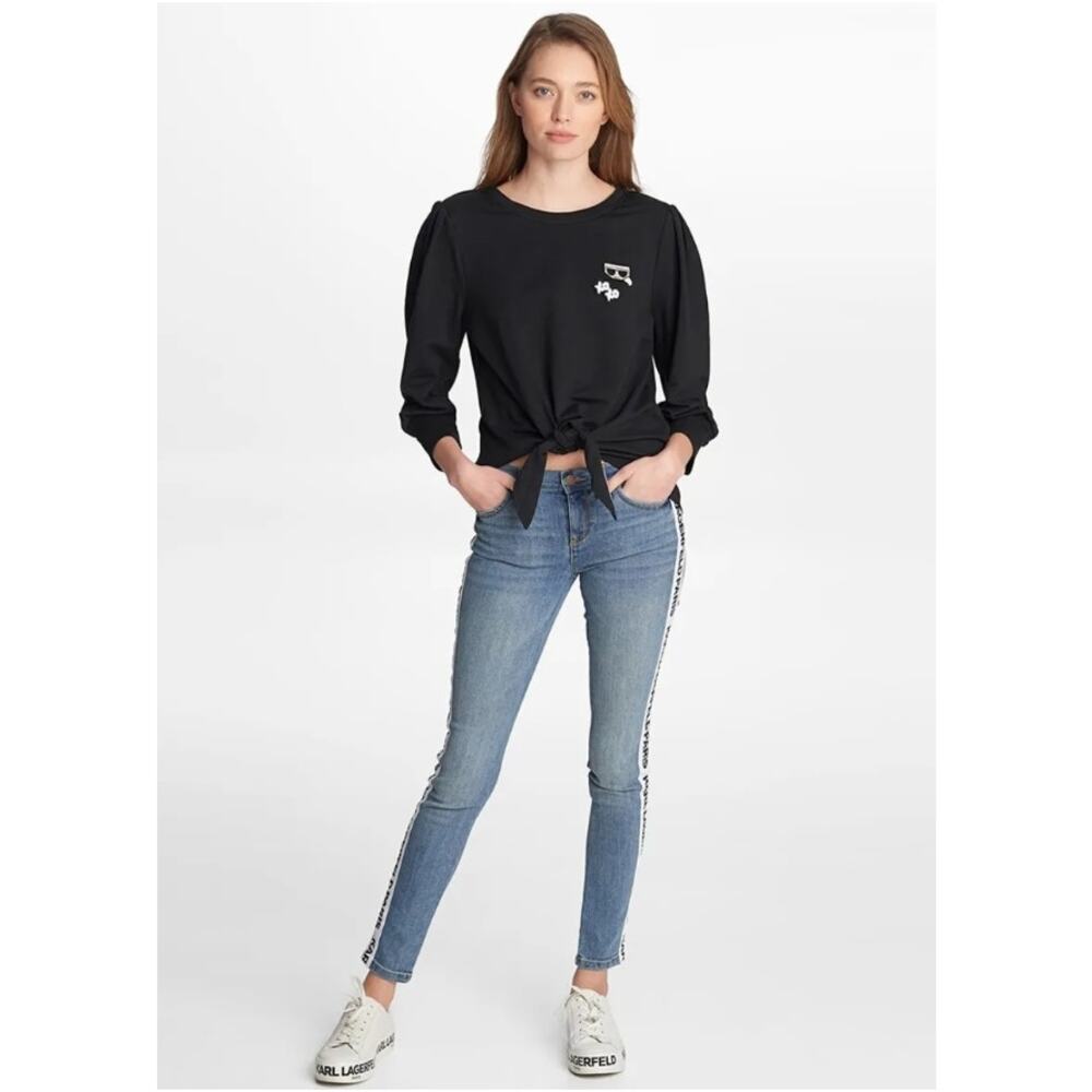 Karl Lagerfeld Sweatshirt Top Womens Small Black Puff Sleeve Embroidered Patch